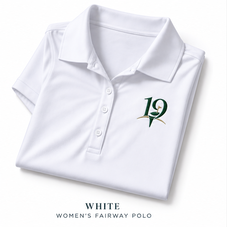 The 19th Women's Fairway Polo in white, a clean performance polo for a church golf outing