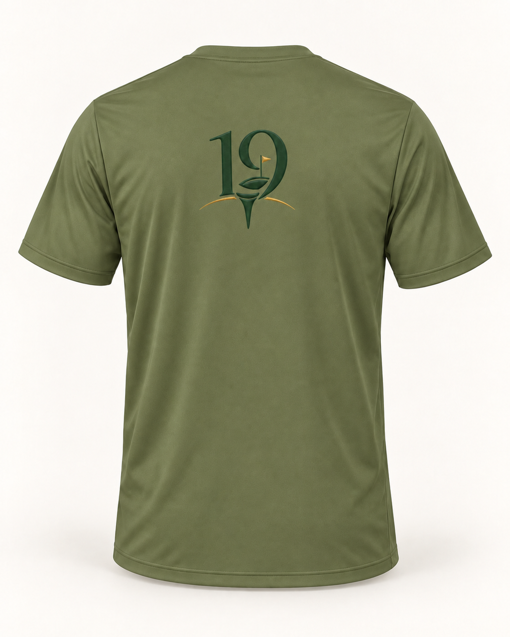 The 19th Founders Tee in Olive Drab Green - back view with 19 logo