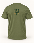 The 19th Founders Tee in Olive Drab Green - back view with 19 logo