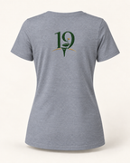 The 19th Founders V-Neck Tee in Athletic Heather - back view with 19 logo
