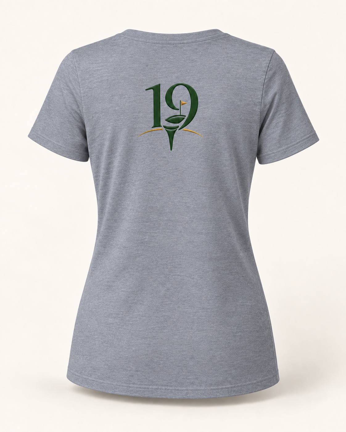 The 19th Founders V-Neck Tee in Athletic Heather - back view with 19 logo