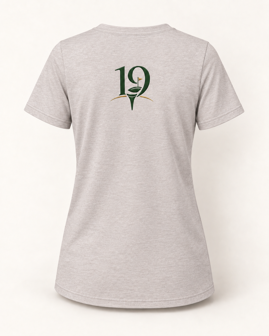 The 19th Founders V-Neck Tee in Heather Dust - back view with 19 logo
