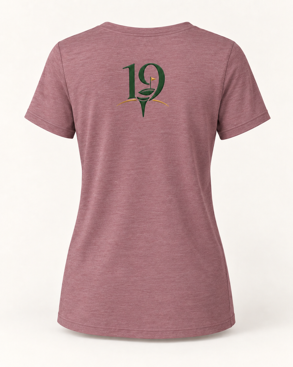 The 19th Founders V-Neck Tee in Heather Mauve - back view with 19 logo