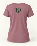 The 19th Founders V-Neck Tee in Heather Mauve - back view with 19 logo
