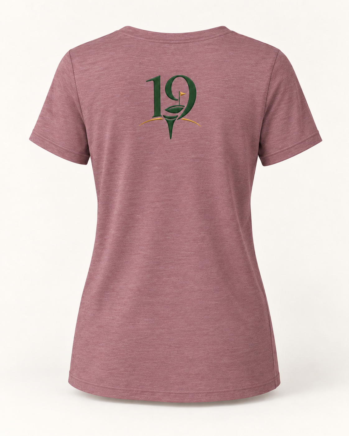The 19th Founders V-Neck Tee in Heather Mauve - back view with 19 logo