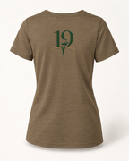 The 19th Founders V-Neck Tee in Heather Olive - back view with 19 logo