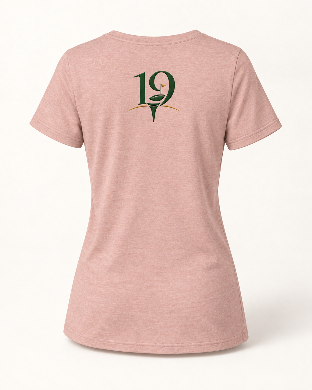 The 19th Founders V-Neck Tee in Heather Peach - back view with 19 logo