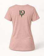 The 19th Founders V-Neck Tee in Heather Peach - back view with 19 logo