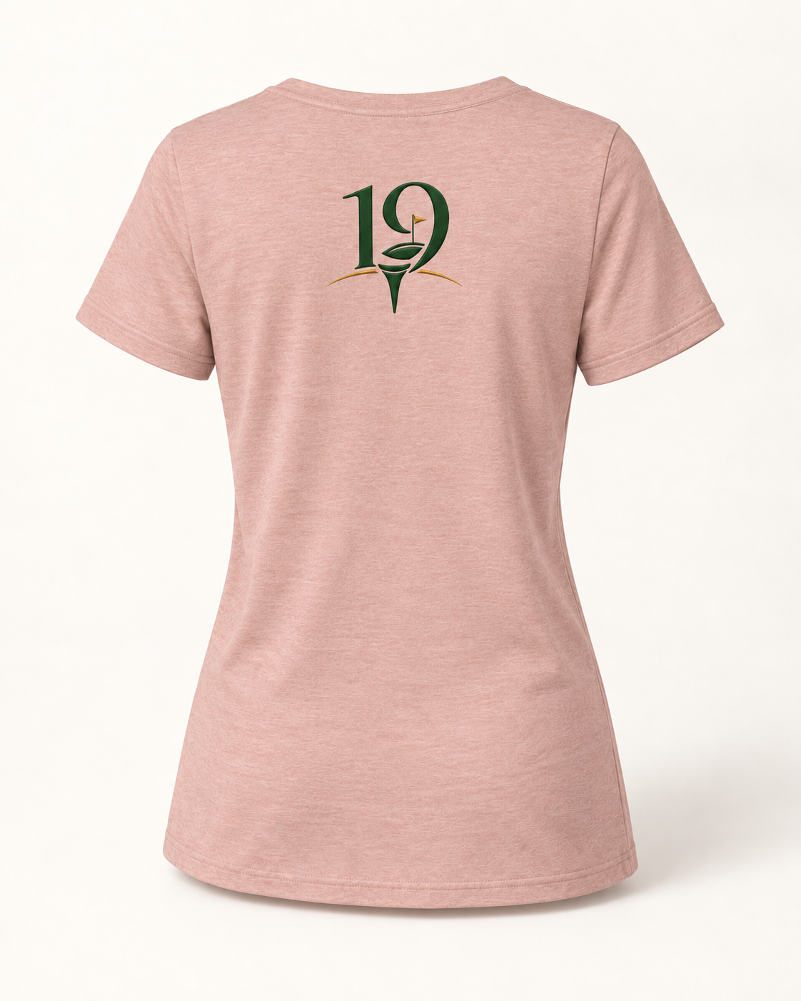 The 19th Founders V-Neck Tee in Heather Peach - back view with 19 logo
