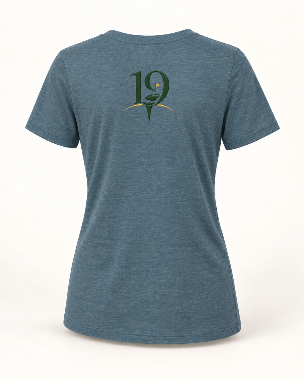 The 19th Founders V-Neck Tee in Heather Slate - back view with 19 logo