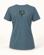 The 19th Founders V-Neck Tee in Heather Slate - back view with 19 logo