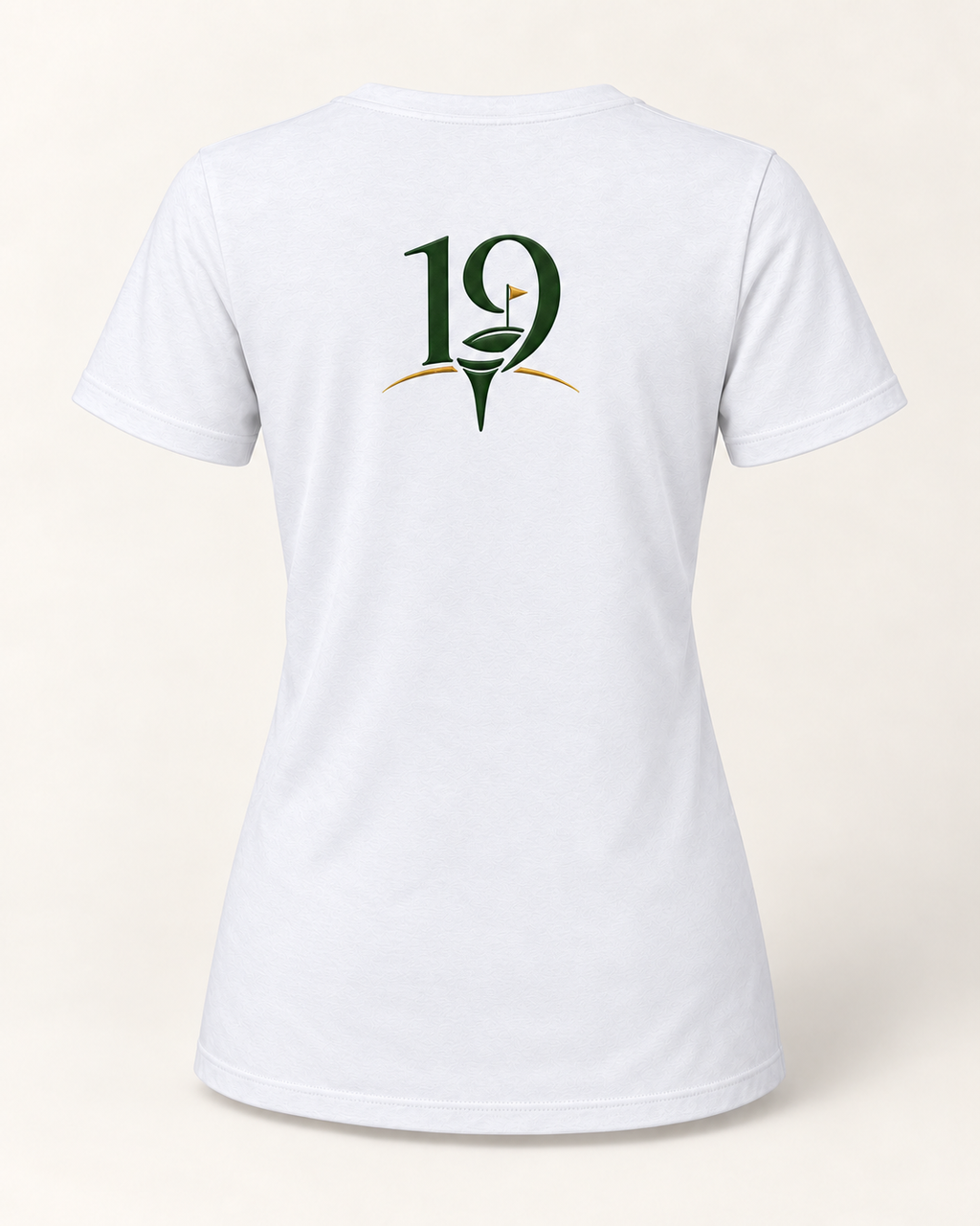 The 19th Founders V-Neck Tee in Solid White Blend - back view with 19 logo