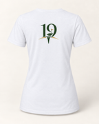The 19th Founders V-Neck Tee in Solid White Blend - back view with 19 logo